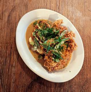 Not Fish
Label Rouge 1/2 chicken, Chicken sauce, tarragon
Breast pan roasted
Leg and wing corn dredged and fried