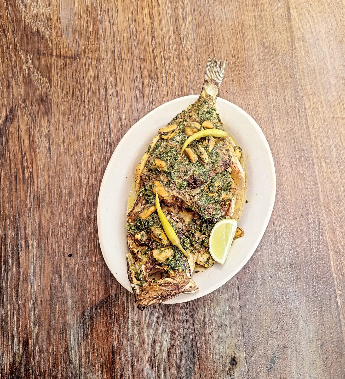 Whole Oven Roasted John Dory, Curry Spiced Butter, Pickled Mussels.